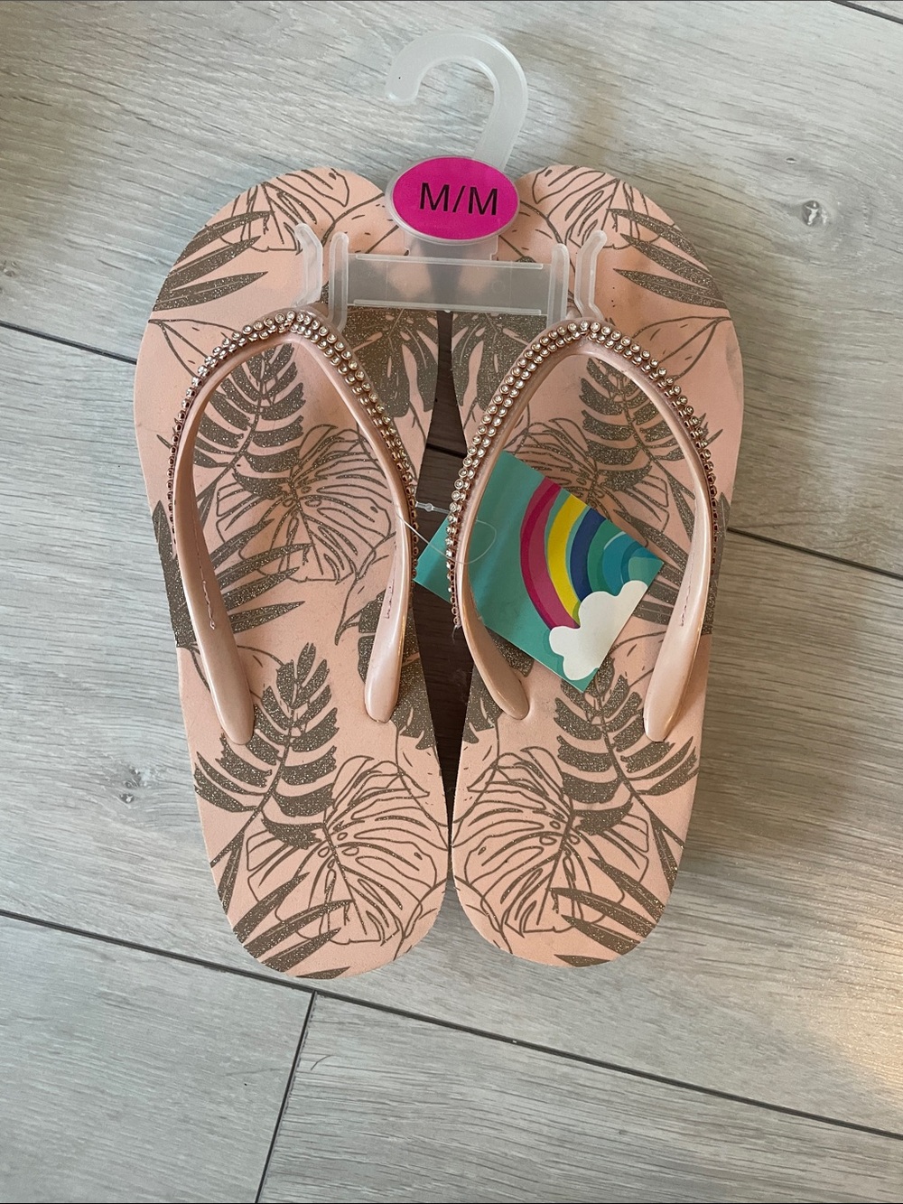 Rhinestone Strap Tropical Print Platform Flip Flops - Blush